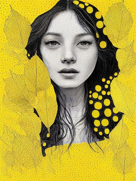 Peinture numérique de points et de cercles de femme emblématique jaune vif encre noire motifs végétaux fond de carte artistique illustration 3D