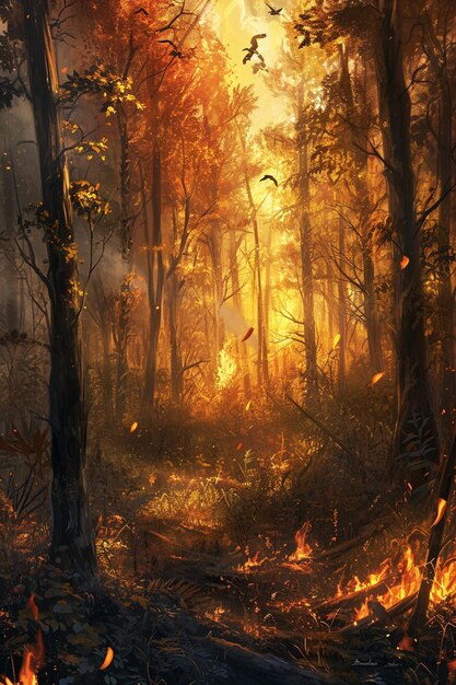 une peinture numérique qui capture le moment de la renaissance dans une forêt touchée par un incendie