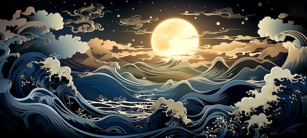 La peinture numérique qui plonge dans la mer tumultueuse sous le clair de lune calmant