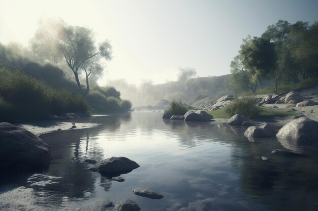 Une peinture numérique d'une rivière avec des arbres et des rochers.