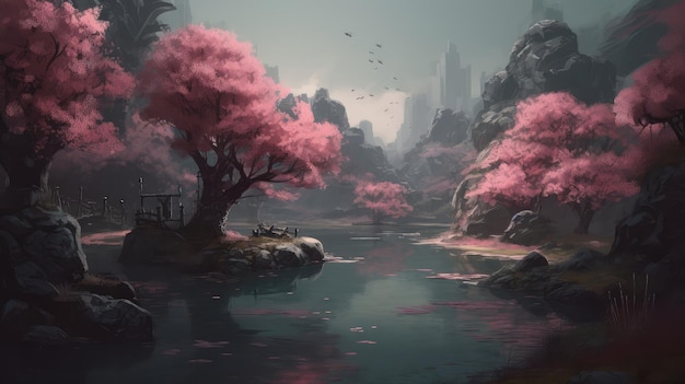 Une peinture numérique d'une rivière avec des arbres roses au premier plan.