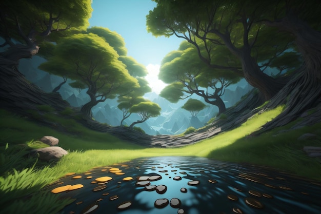 Une peinture numérique d'une rivière dans un beau fond de forêt avec une IA générative