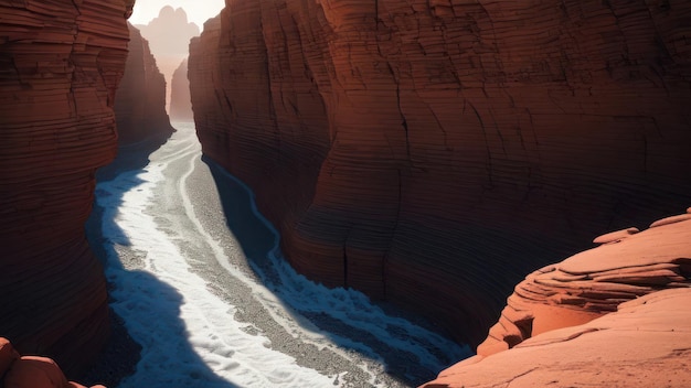 Une peinture numérique d'une rivière dans un canyon.