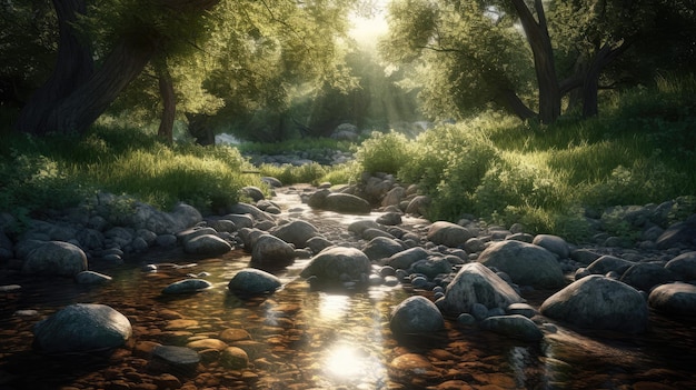 Une peinture numérique d'une rivière avec des rochers et le soleil qui brille à travers les arbres.