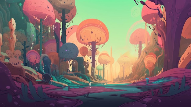 Une peinture numérique d'une route avec une forêt de champignons.
