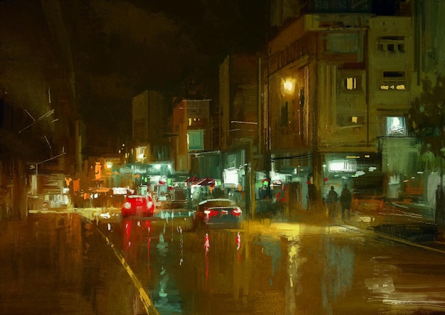 peinture numérique de la rue de la ville la nuit avec des lumières colorées.