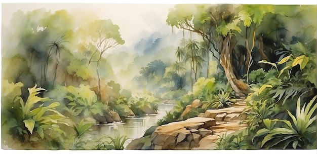 Peinture numérique d'une scène de jungle tropicale Illustration botanique à l'aquarelle Paysage de jungle