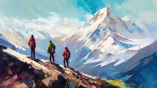 Une peinture numérique de skieurs sur une montagne avec une montagne en arrière-plan.