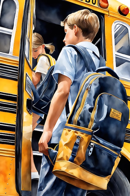 Peinture numérique de style aquarelle d'un étudiant avec un sac se dirigeant vers le bus scolaire