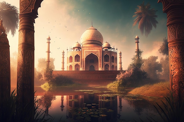 Une peinture numérique d'un taj mahal avec un étang au premier plan.