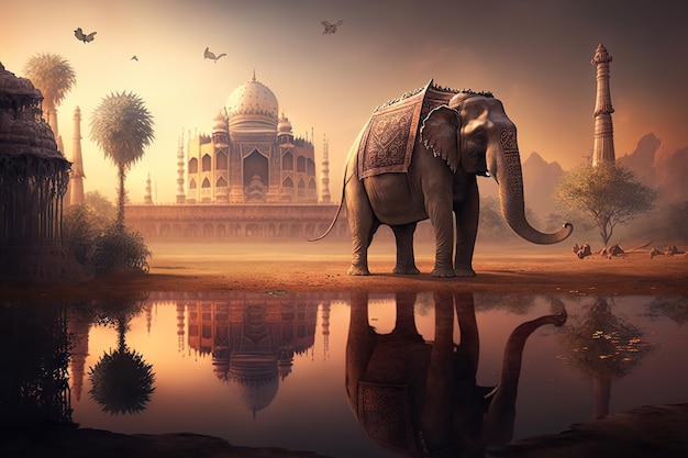 Une peinture numérique d'un taj mahal avec un étang au premier plan