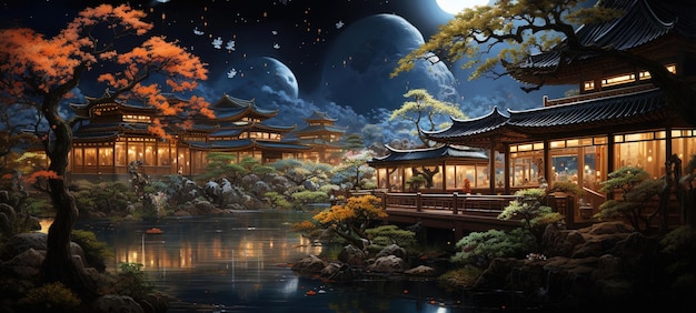 une peinture numérique d'un temple japonais avec une pleine lune en arrière-plan.