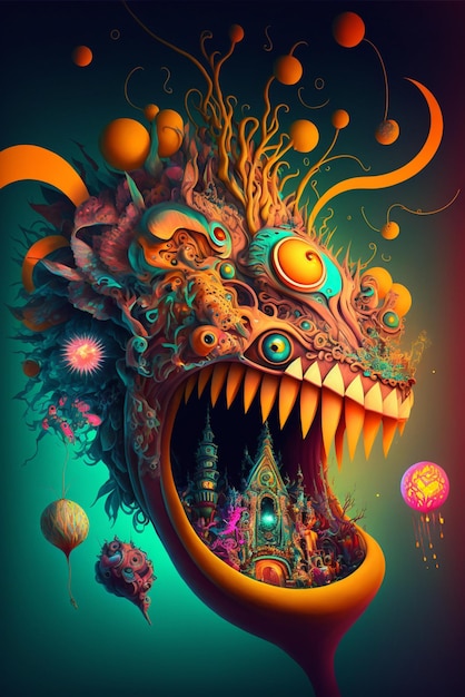 Peinture numérique d'une tête de dragon avec un château en arrière-plan ai générative