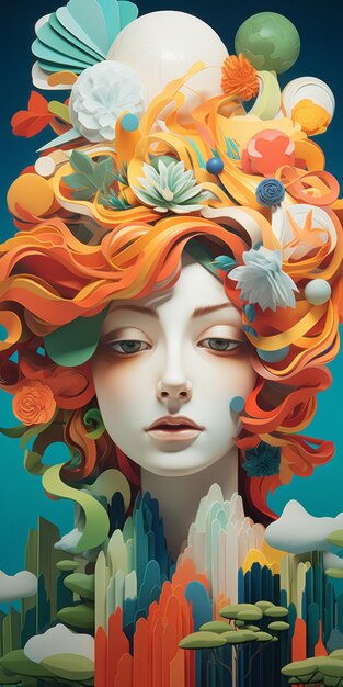 Peinture numérique vibrante d’une femme aux cheveux colorés et aux jouets volants