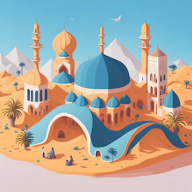 Peinture numérique de villages et de villes arabes pour l'illustration de fond de la journée de célébration musulmane