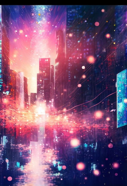 Une peinture numérique d'une ville avec une enseigne au néon qui dit "cyber city"