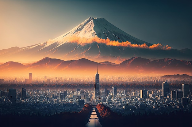 Une peinture numérique d'une ville avec le mont Fuji en arrière-plan.