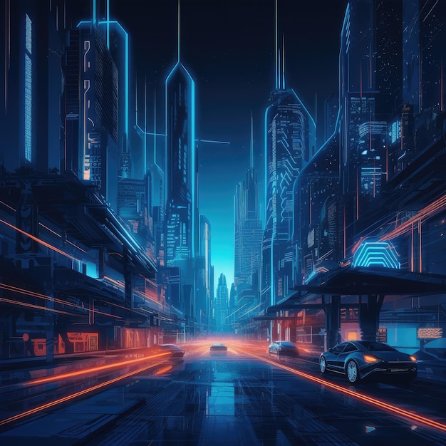 Une peinture numérique d'une ville avec un néon.