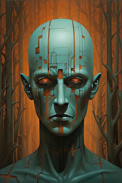 une peinture numérique d'un visage humain avec un visage vert et une ligne rouge d'arbres en arrière-plan