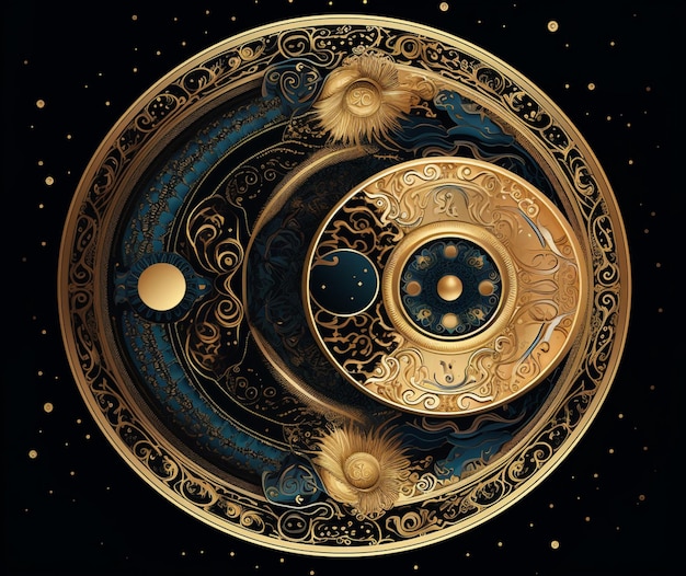 Une peinture d'un objet bleu et or avec une lune et des étoiles dessus.