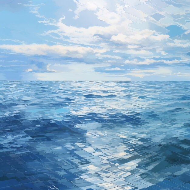 peinture d'un océan bleu avec un ciel et des nuages générative ai