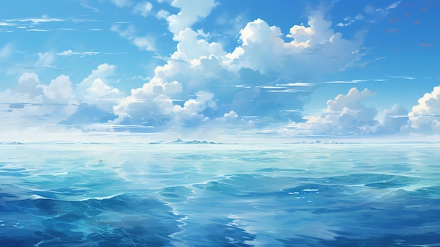 Une peinture d'un océan avec des nuages et l'océan en arrière-plan.