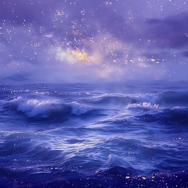 une peinture d'un océan avec l'océan et les étoiles dans le ciel