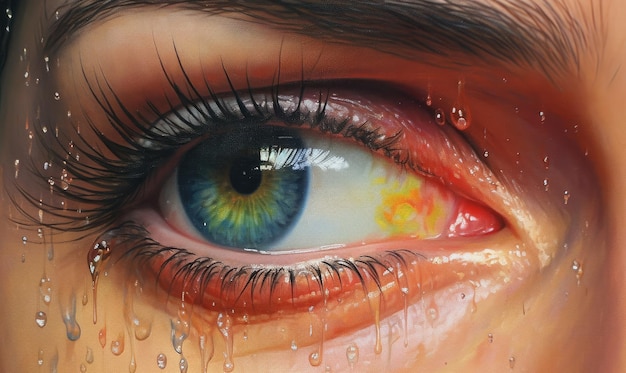 Une peinture d'un oeil bleu avec une larme à l'oeil