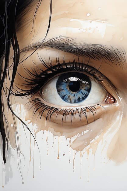 une peinture d'un œil de femme avec un œil bleu et un œil blanc et noir