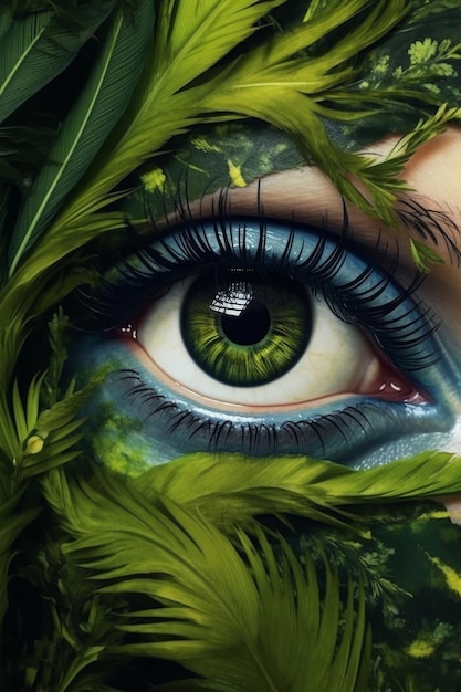 Une peinture d'un oeil vert avec des plumes et un oeil vert.