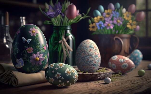 Une peinture d'oeufs de Pâques avec un motif de fleurs sur le devant
