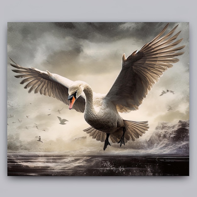 une peinture d'une oie avec les ailes ouvertes et les autres oiseaux volant à l'arrière-plan
