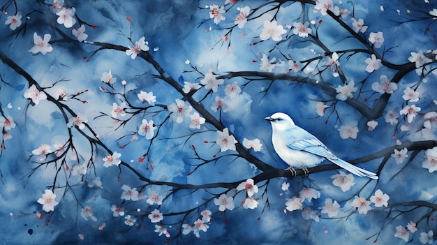 peinture d'un oiseau assis sur une branche d'arbre avec des fleurs blanches