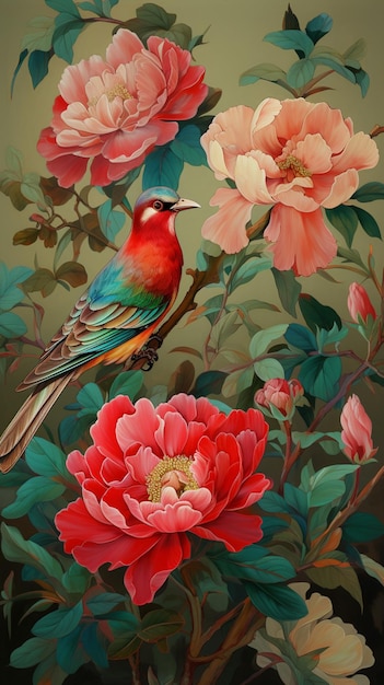 peinture d'un oiseau assis sur une branche d'un arbre avec des fleurs générative ai