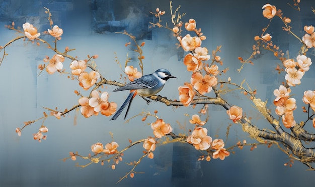 Peinture d'un oiseau assis sur une branche d'un arbre avec des fleurs génératives ai