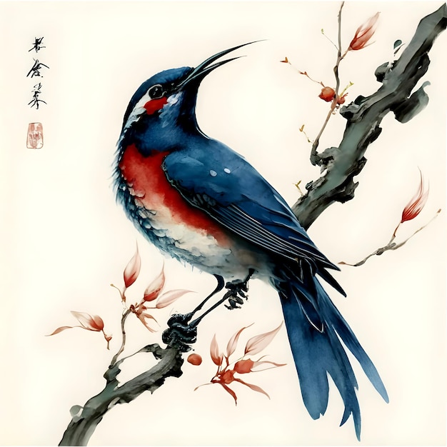 une peinture d'un oiseau assis sur une branche d'arbre