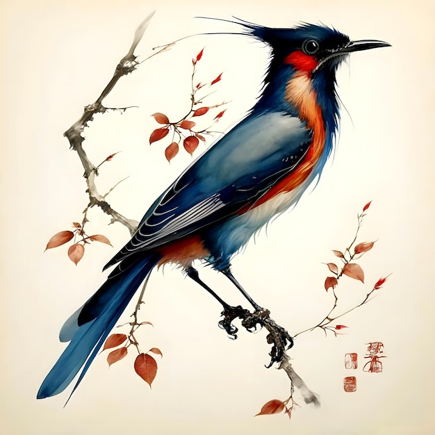 une peinture d'un oiseau assis sur une branche d'arbre