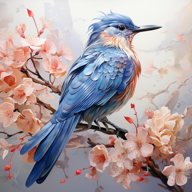 peinture d'un oiseau bleu assis sur une branche d'un arbre avec des fleurs