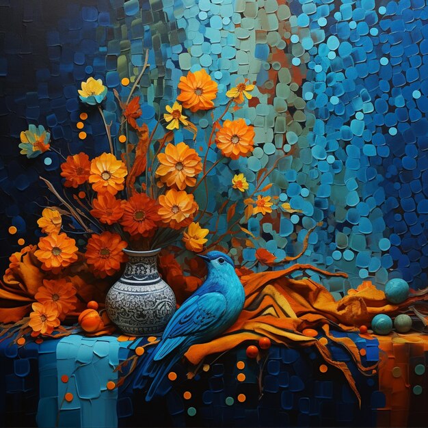 peinture d'un oiseau bleu assis sur une branche avec des fleurs d'orange