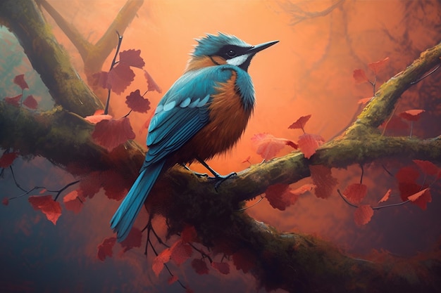 Une peinture d'un oiseau bleu sur une branche avec des feuilles dessus