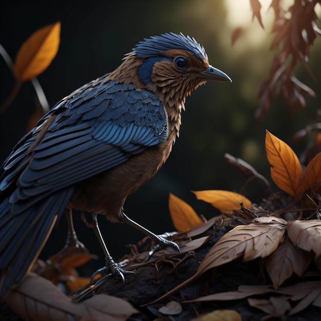 Une peinture d'un oiseau bleu avec des feuilles orange dessus