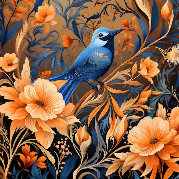 une peinture d'un oiseau bleu avec des fleurs orange.