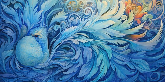 Une peinture d'un oiseau bleu avec un motif de plumes.