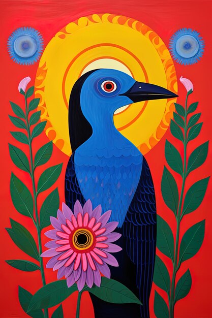 une peinture d'un oiseau bleu avec un œil jaune et un fond rouge avec des fleurs