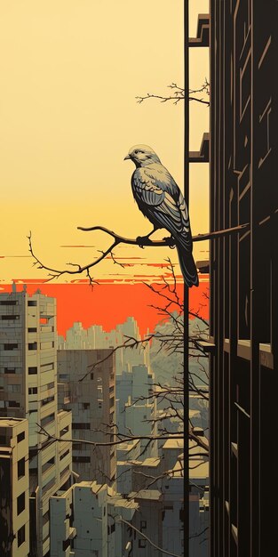 Photo une peinture d'un oiseau sur une branche avec un coucher de soleil en arrière-plan