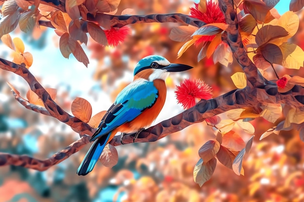 Une peinture d'un oiseau sur une branche avec des feuilles rouges