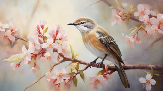 Une peinture d'un oiseau sur une branche avec des fleurs roses.