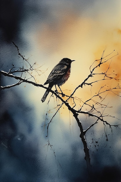 Une peinture d'un oiseau sur une branche