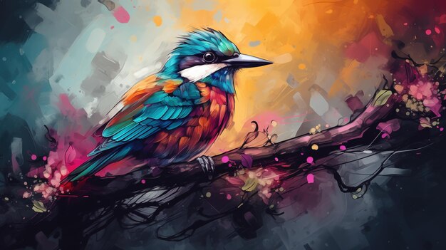 Une peinture d'un oiseau sur une branche