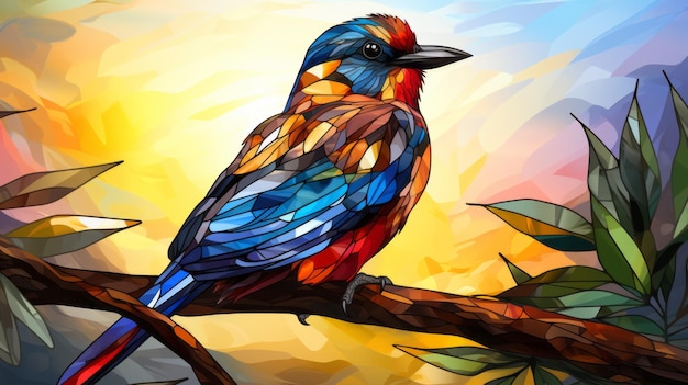 une peinture d'un oiseau coloré assis sur une branche